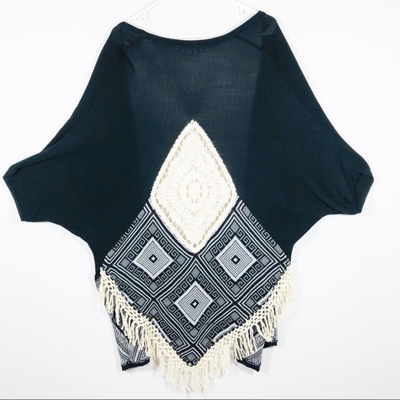 Umgee 🔥SALE🔥black crochet and fringe geometric open front cardigan M/L - Picture 1 of 7
